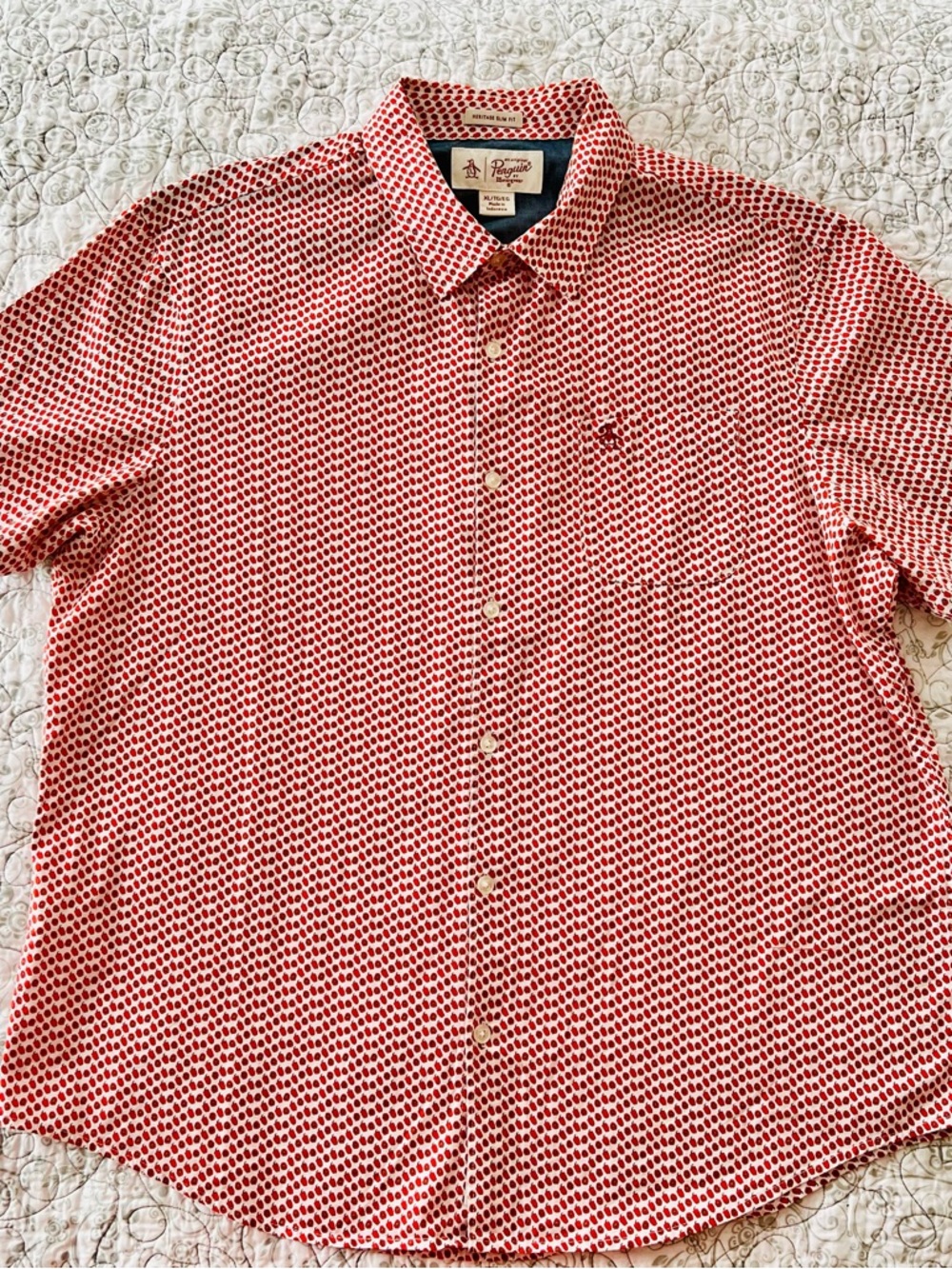 Original Penguin White & Red Pepper Print Button-Down Shirt Prepster Novelty Fun